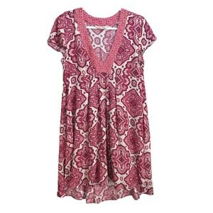 Odd Molly Anthropologie Midi Shift Dress Red Paisley High Low Vneck Flowy